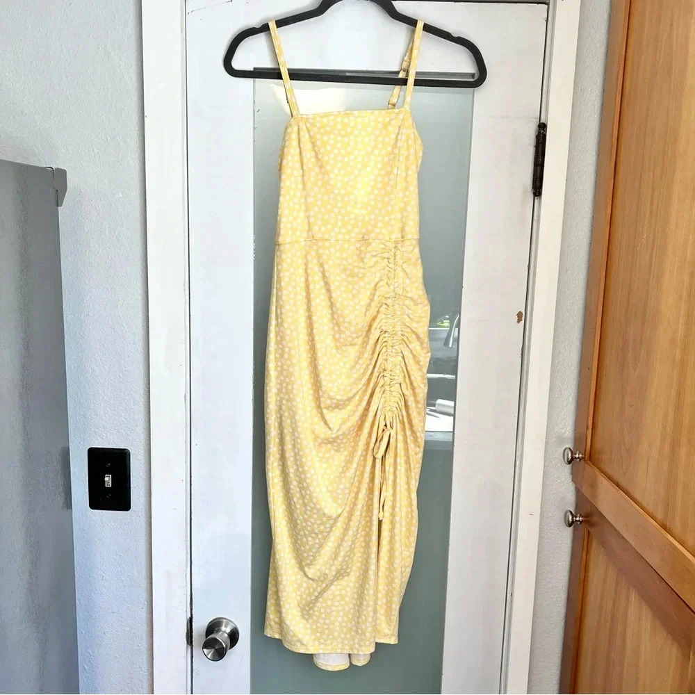 Hollister Yellow Cinched Floral Side Slit Midi Sun Dress Summer Spring Size XS - Picture 4 of 15